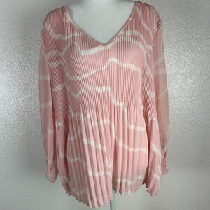 Nine West Pink & White Pleated V-Neck Long Sleeve Top Blouse Size L Summer Top